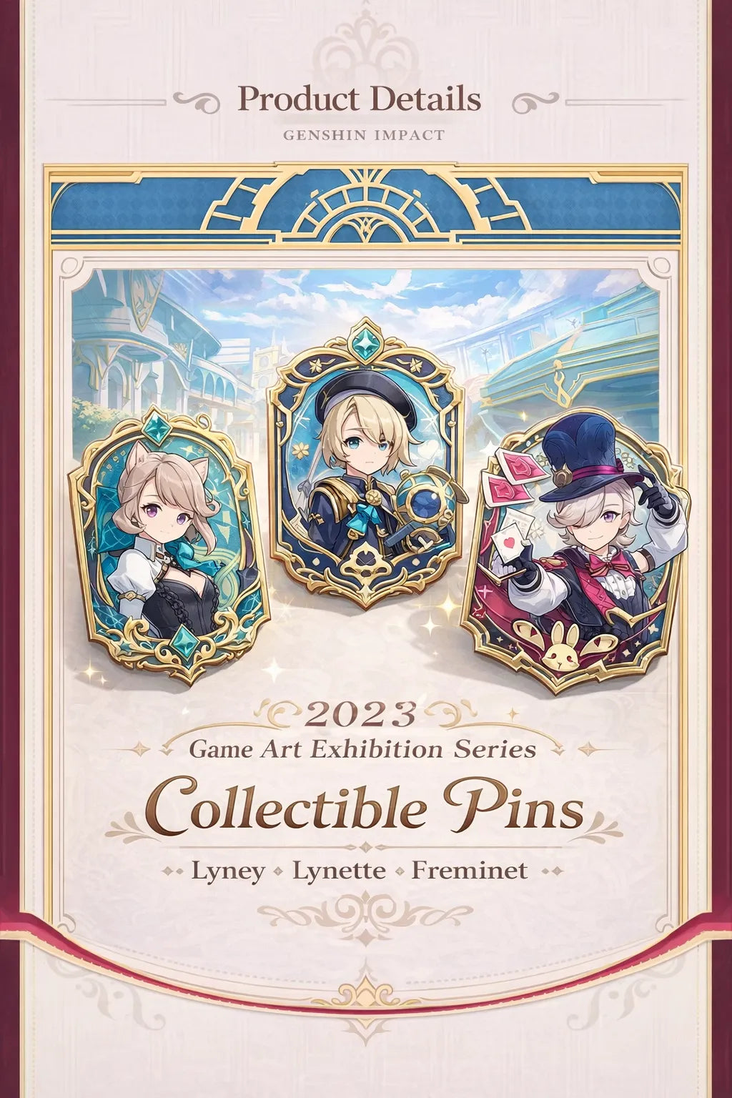 Genshin Impact Fontaine merchandise collection overview showing pins acrylic standees and file folders for Lyney Lynette Freminet