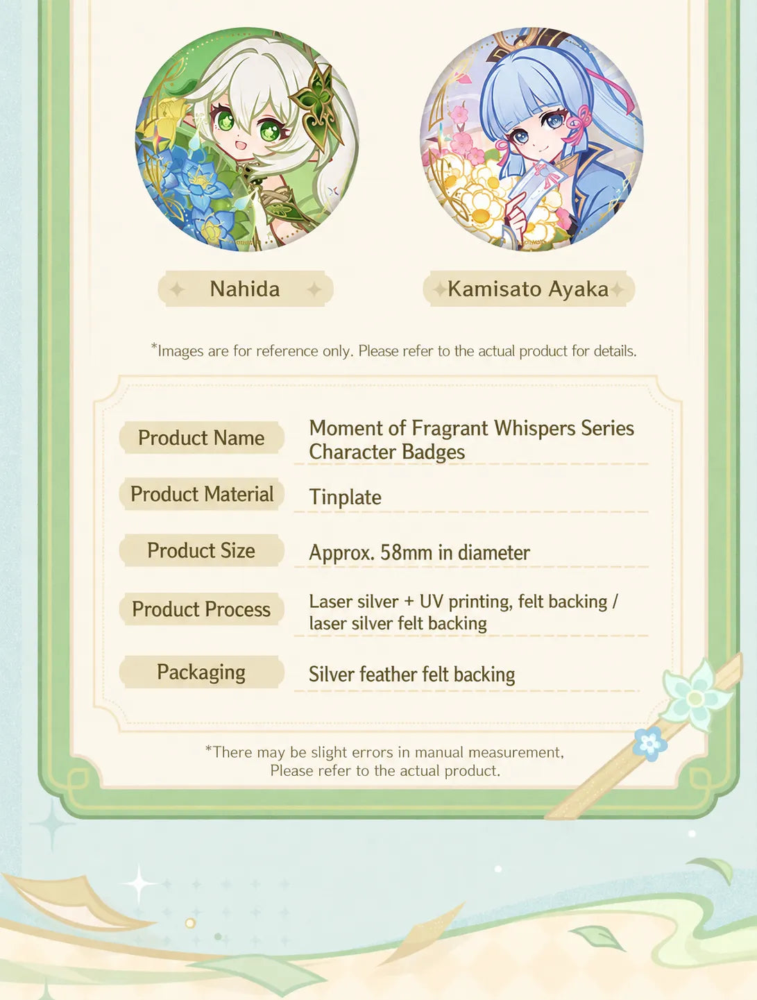 Genshin Impact Moment of Fragrant Whispers character badges with floral artwork and decorative details
