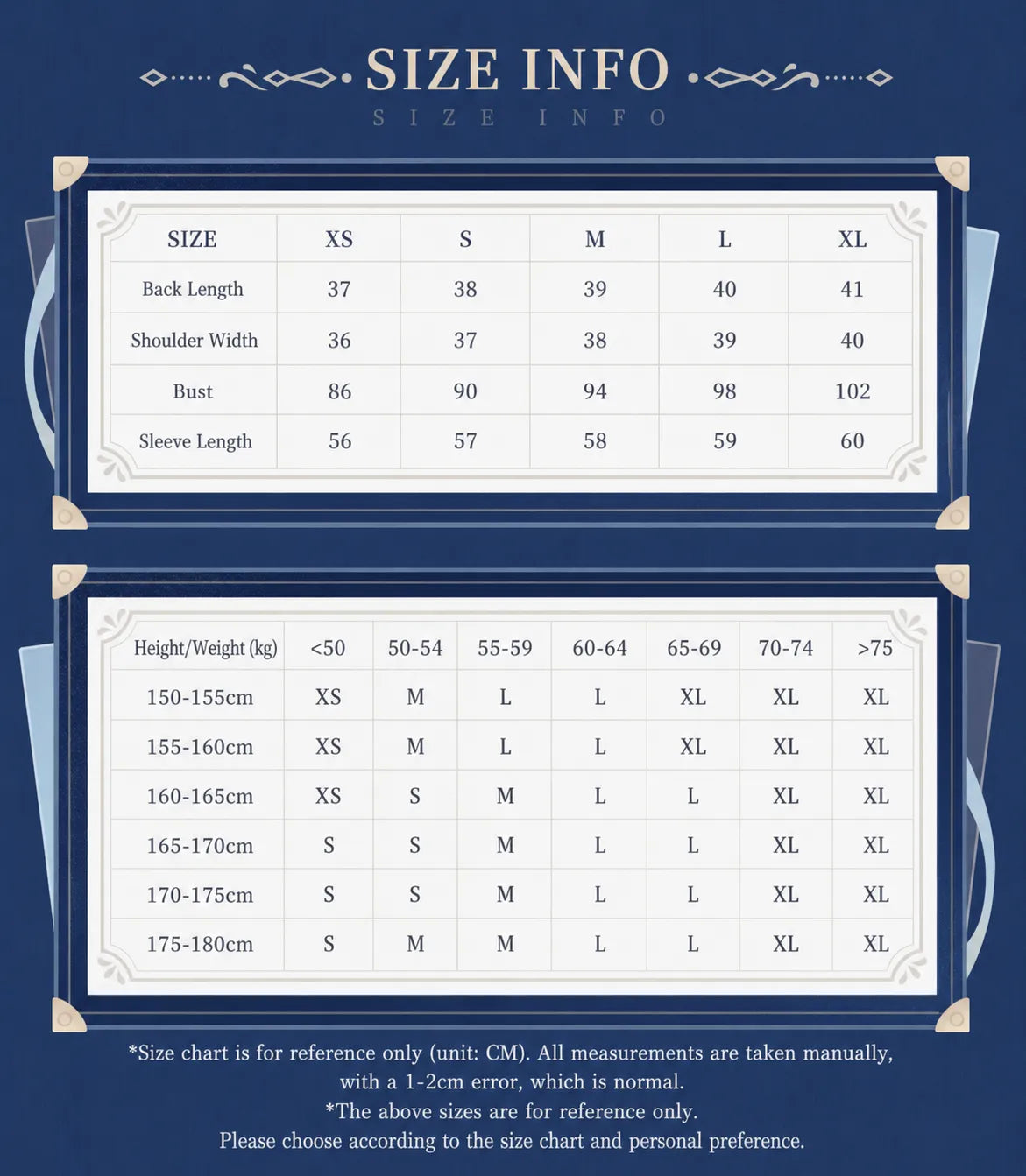Genshin Impact Furina Short Uniform Jacket size chart and fitting guide