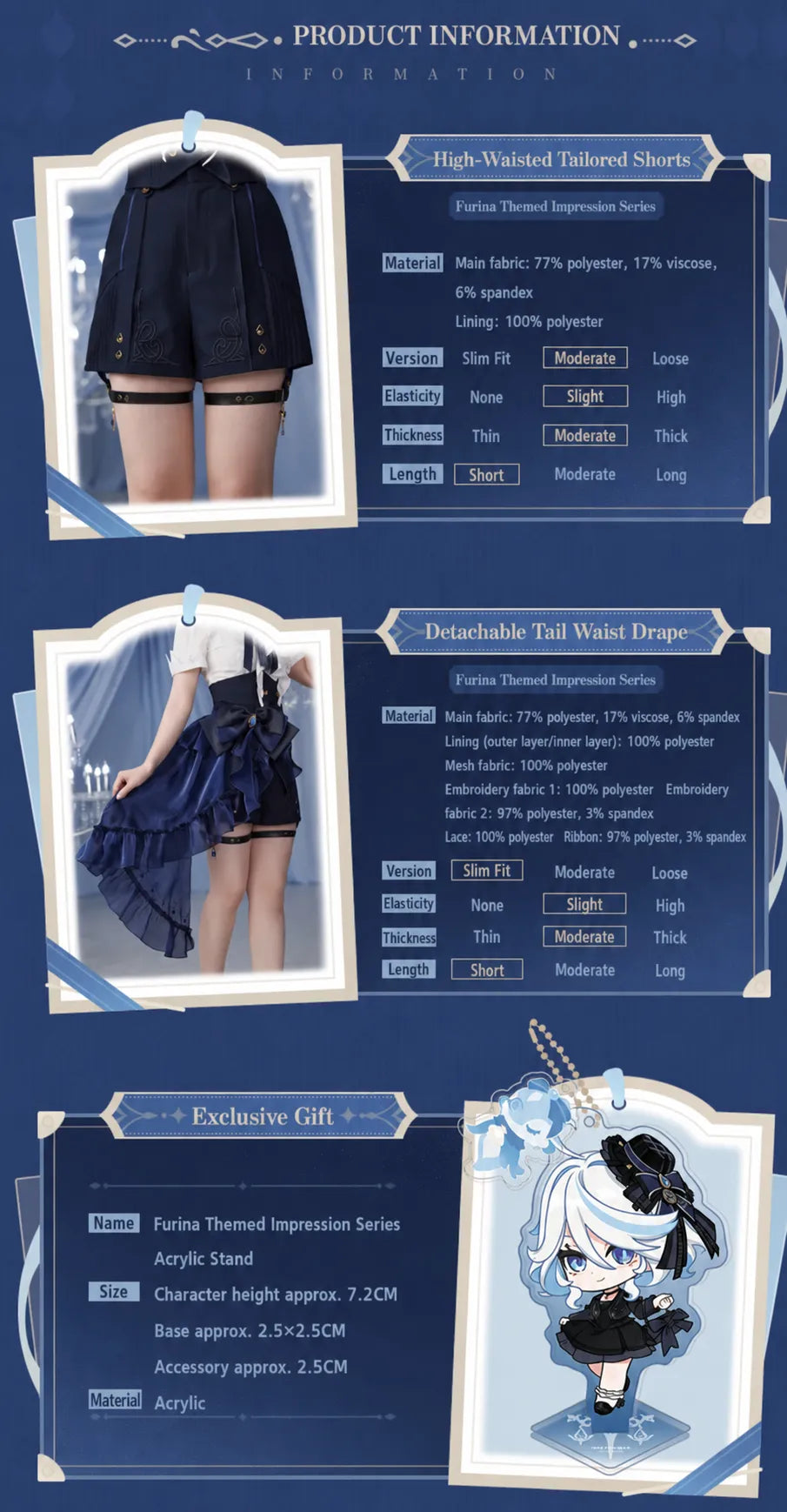 Model showcase wearing Furina themed shorts and waistband