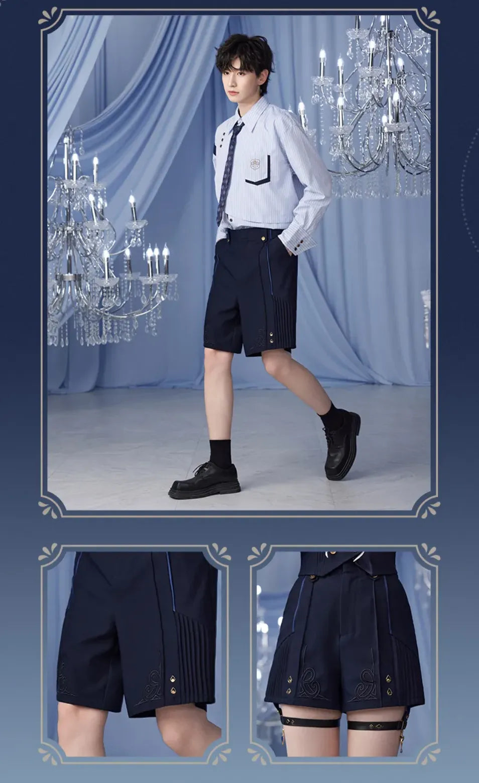 Pleated shorts panel craftsmanship detail