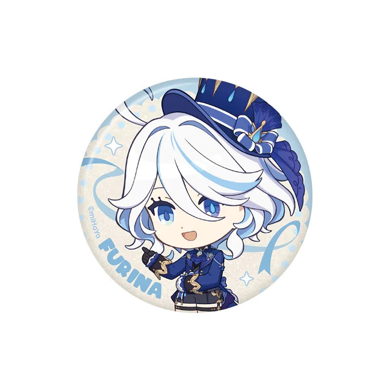 Genshin Impact Furina Stellar Recollection series character badge with blue-themed chibi artwork and holographic finish