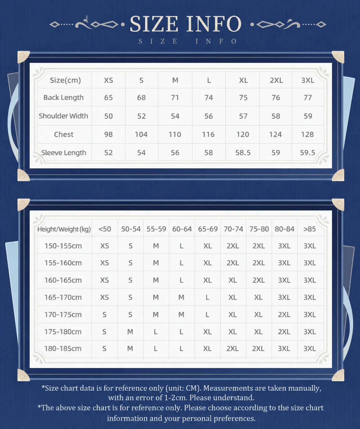 Genshin Impact Furina Themed Impression Series striped relaxed shirt size chart and fit guide