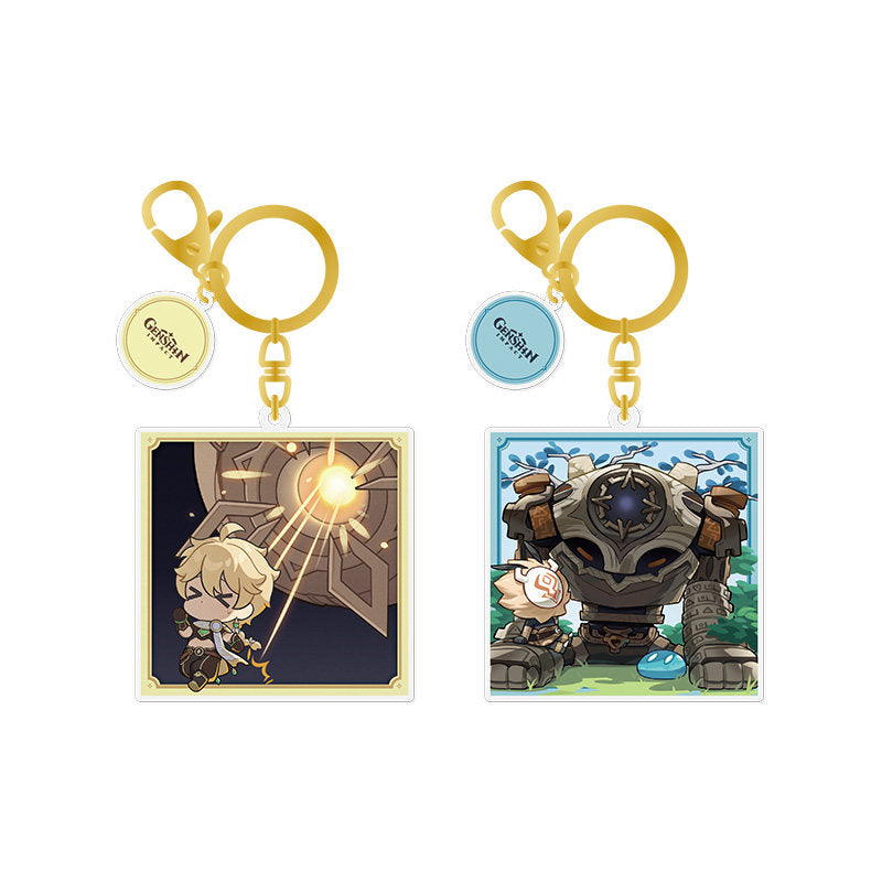 Genshin Impact game art series acrylic keychain collection featuring Traveler Aether and Ruin Guard