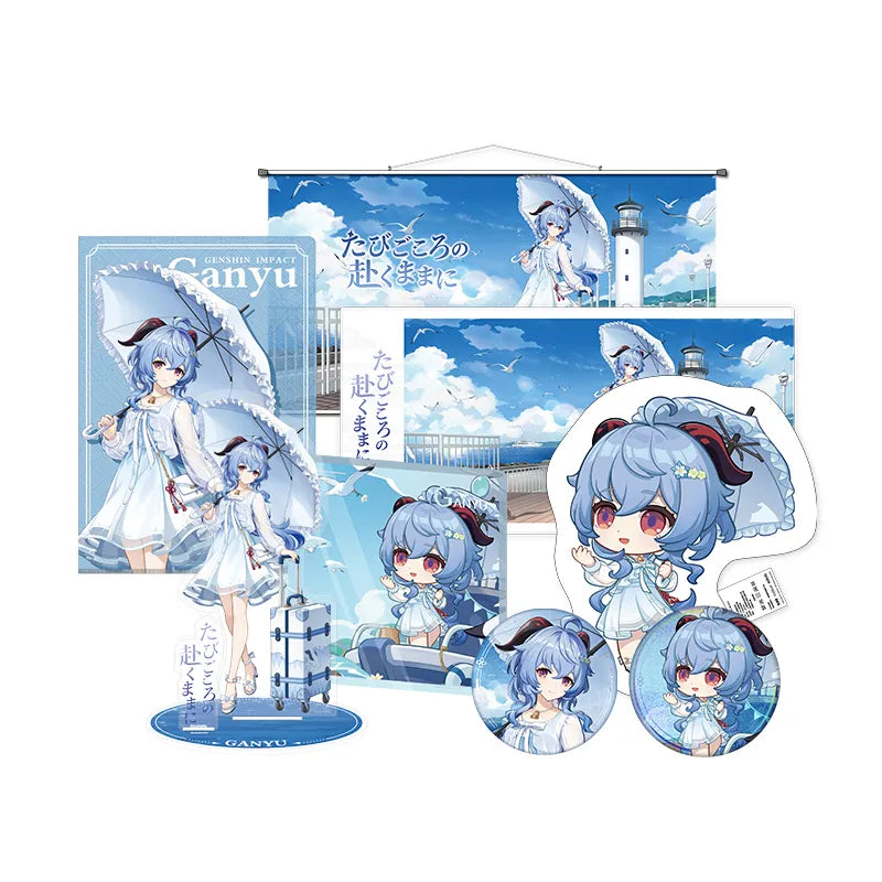 Genshin Ganyu Serene Sea Wanderings merchandise collection featuring badges acrylic stands wall scrolls mouse pads and chibi merch