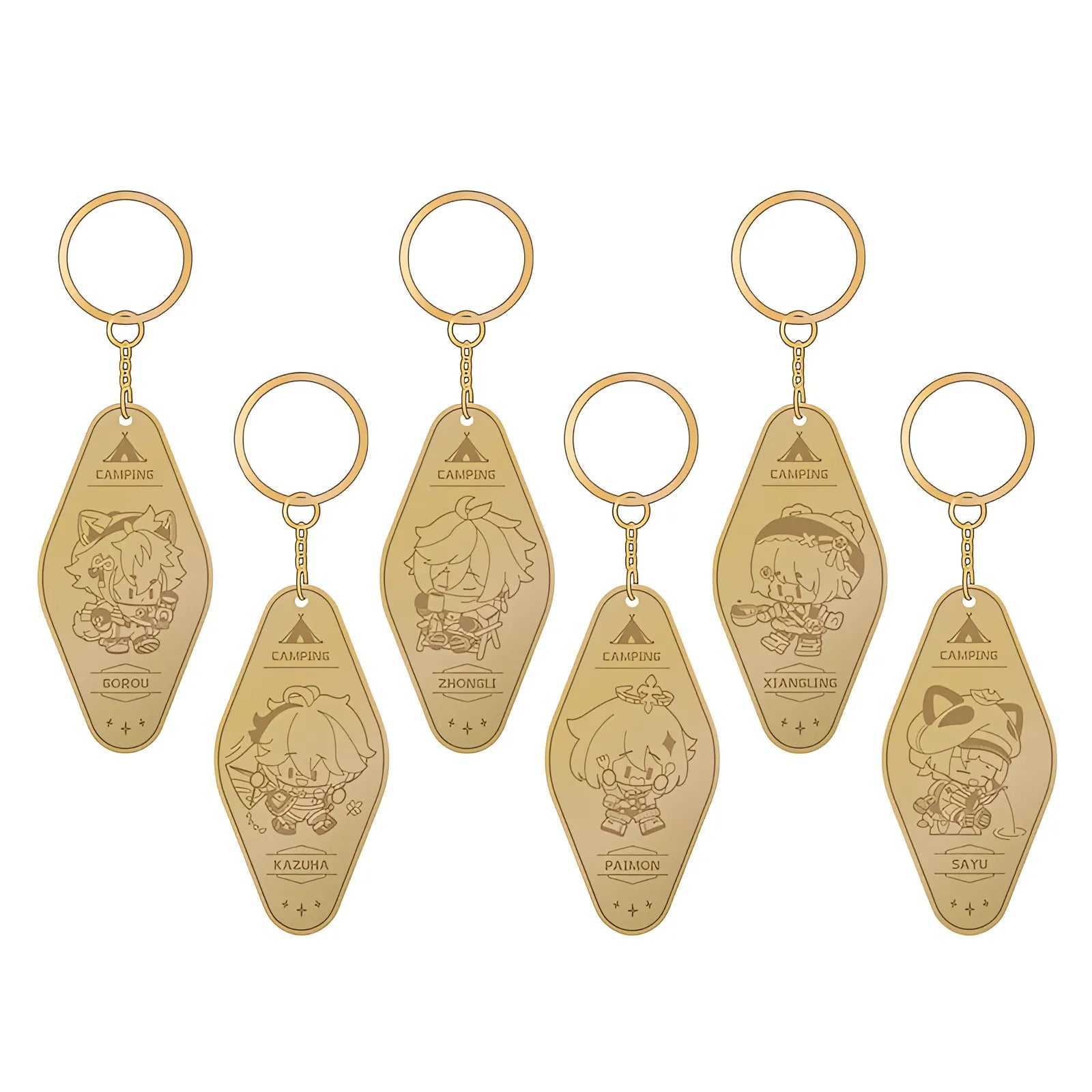 Genshin Impact go camping metal keychain full set Gorou Kazuha Zhongli Paimon Xiangling Sayu white background