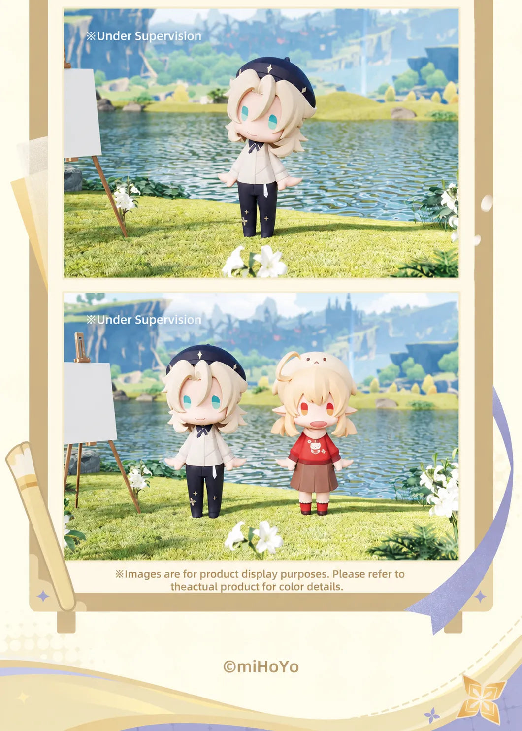 Albedo HELLO! GOOD SMILE Chibi Figure displayed with Klee in a lakeside scene