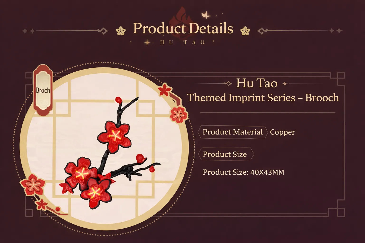 Hu Tao brooch size guide and measurement details