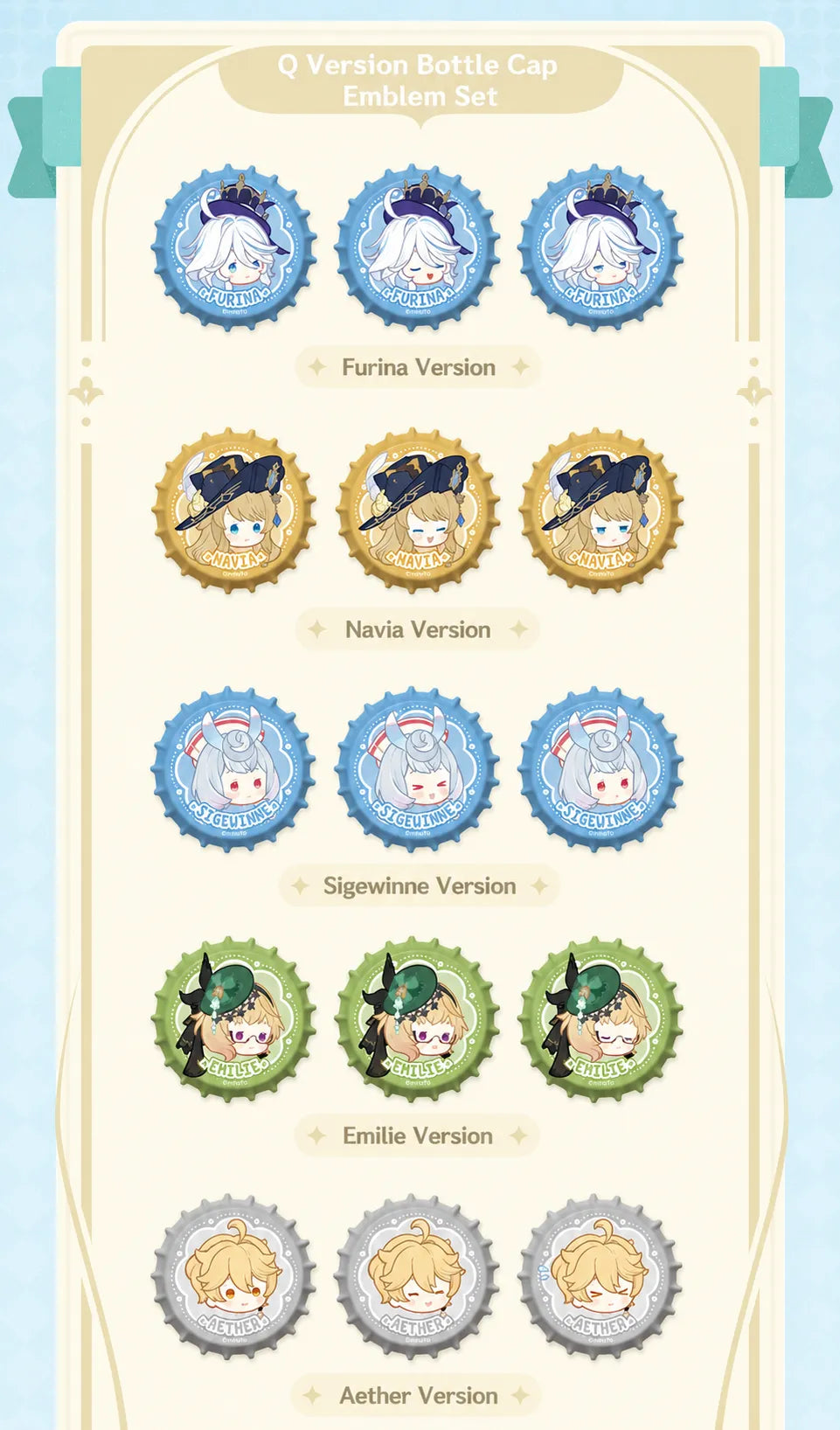 Genshin Impact Imaginarum Series Q version bottle cap emblem set chibi character badges