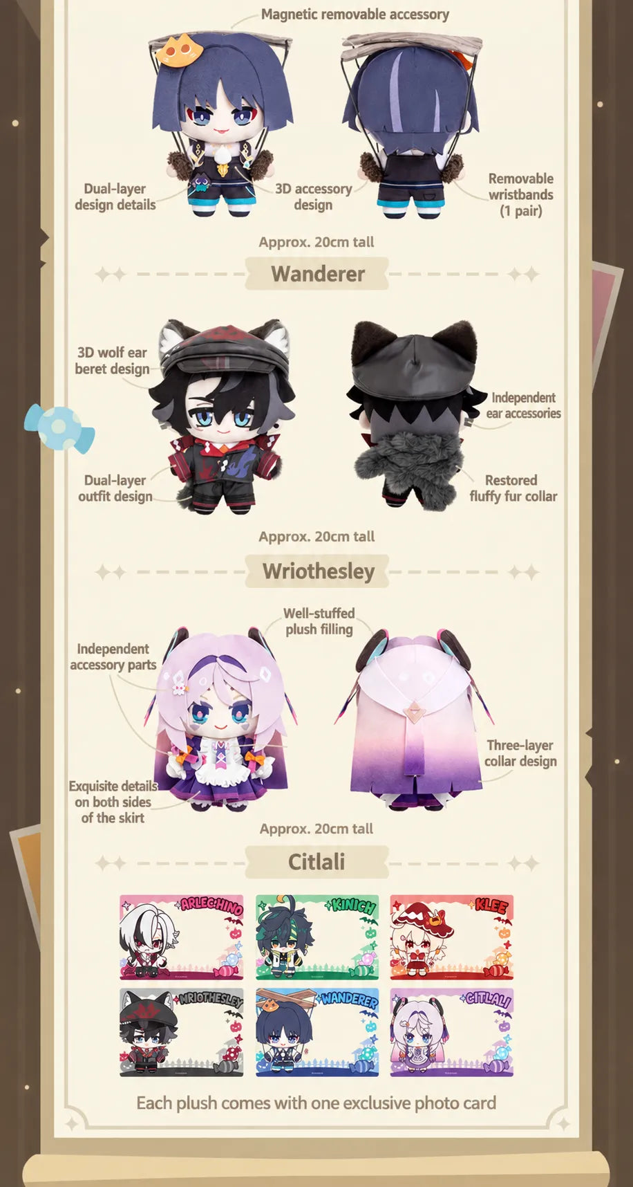 Wanderer, Wriothesley and Citlali Immernachtreich Reverie Plush Dolls with design details and exclusive photo cards