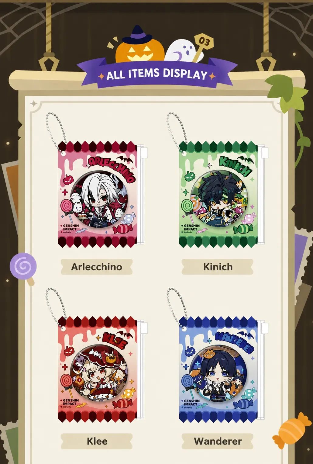 Genshin Immernachtreich Reverie Series badge lineup featuring Arlecchino Klee Wanderer Wriothesley and Citlali