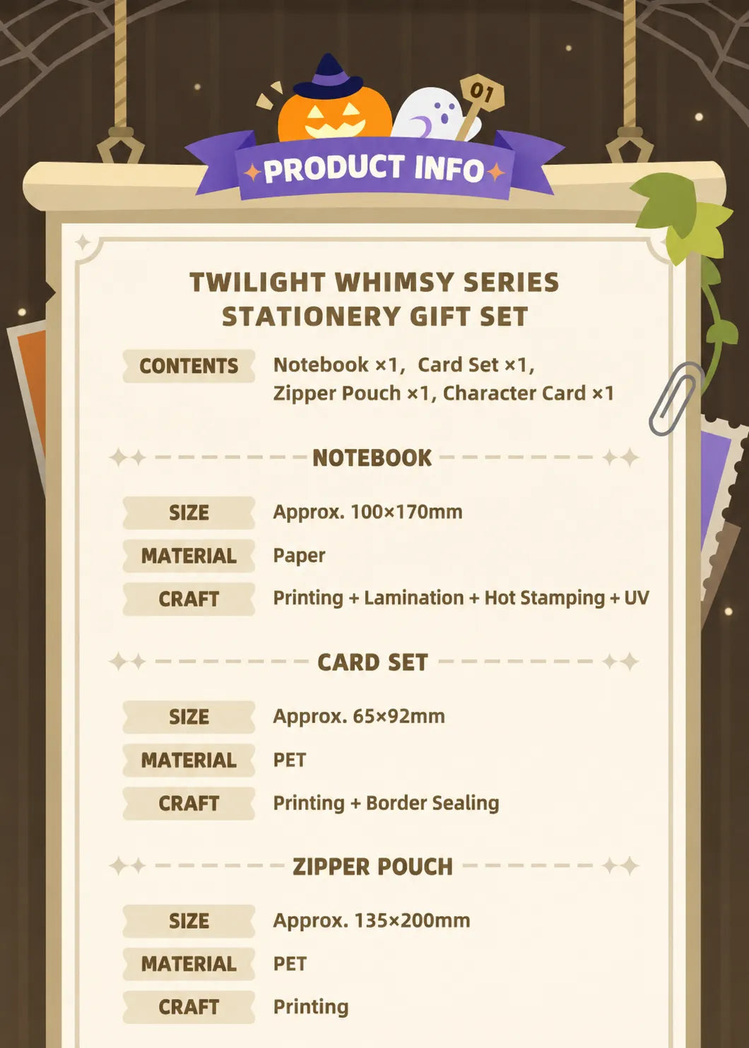 Genshin Immernachtreich Reverie Series stationery set contents including notebook card set zipper pouch and character card