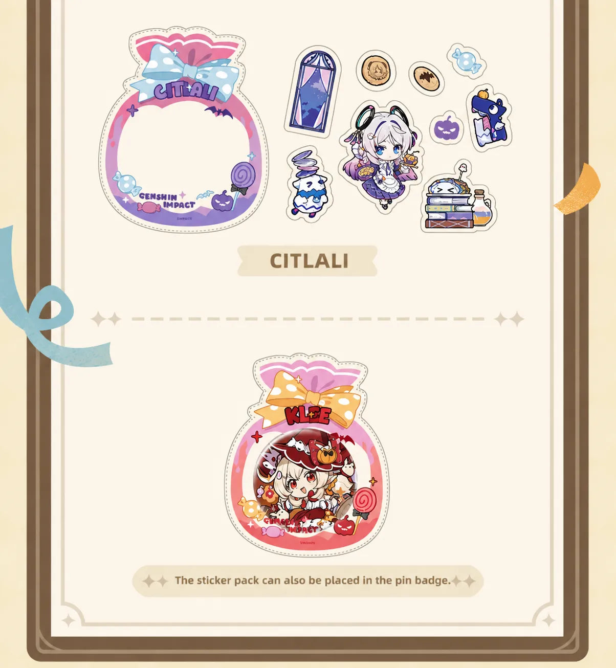 Genshin Immernachtreich Reverie Series Sticker Set showing stickers placed in pin badge holders for display