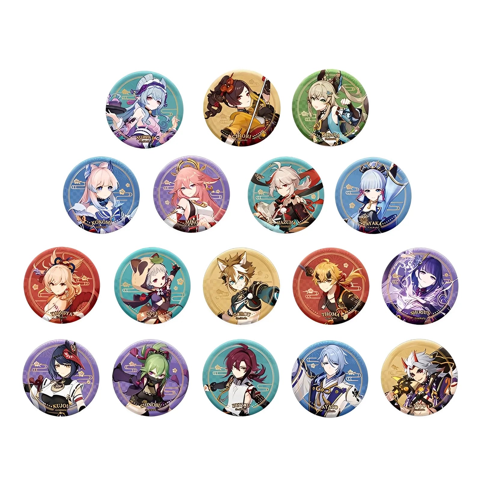 Genshin Impact Inazuma character badge series featuring Raiden Shogun Ayaka Kazuha and Yae Miko