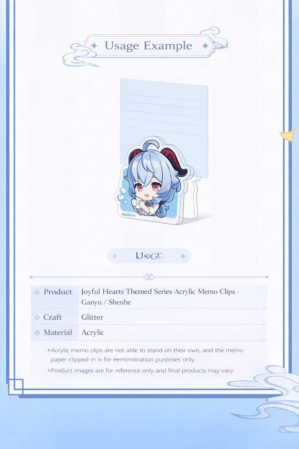 Genshin Impact Joyful Hearts acrylic memo clip usage example with note display