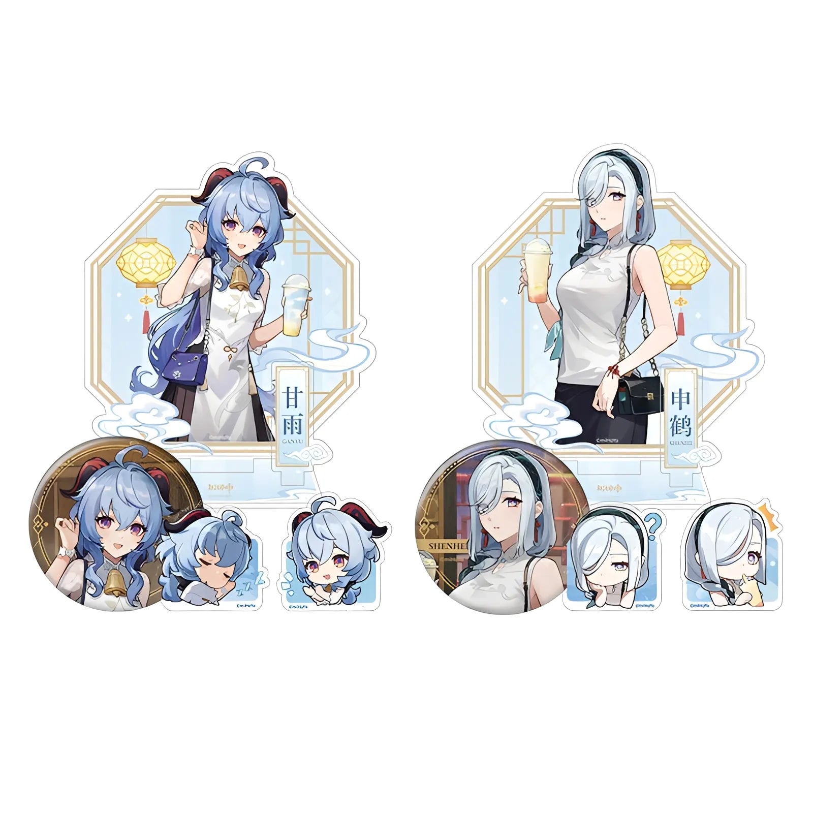 Genshin Impact Joyful Hearts series Ganyu Shenhe merch collection badges acrylic clips and standees