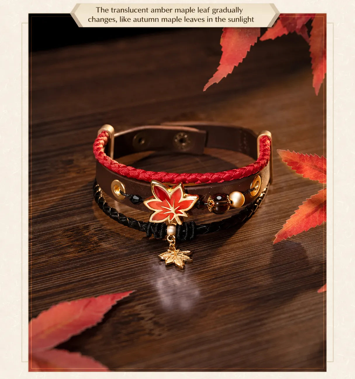 Character-themed bracelet accessories with maple leaf pendants and decorative beads