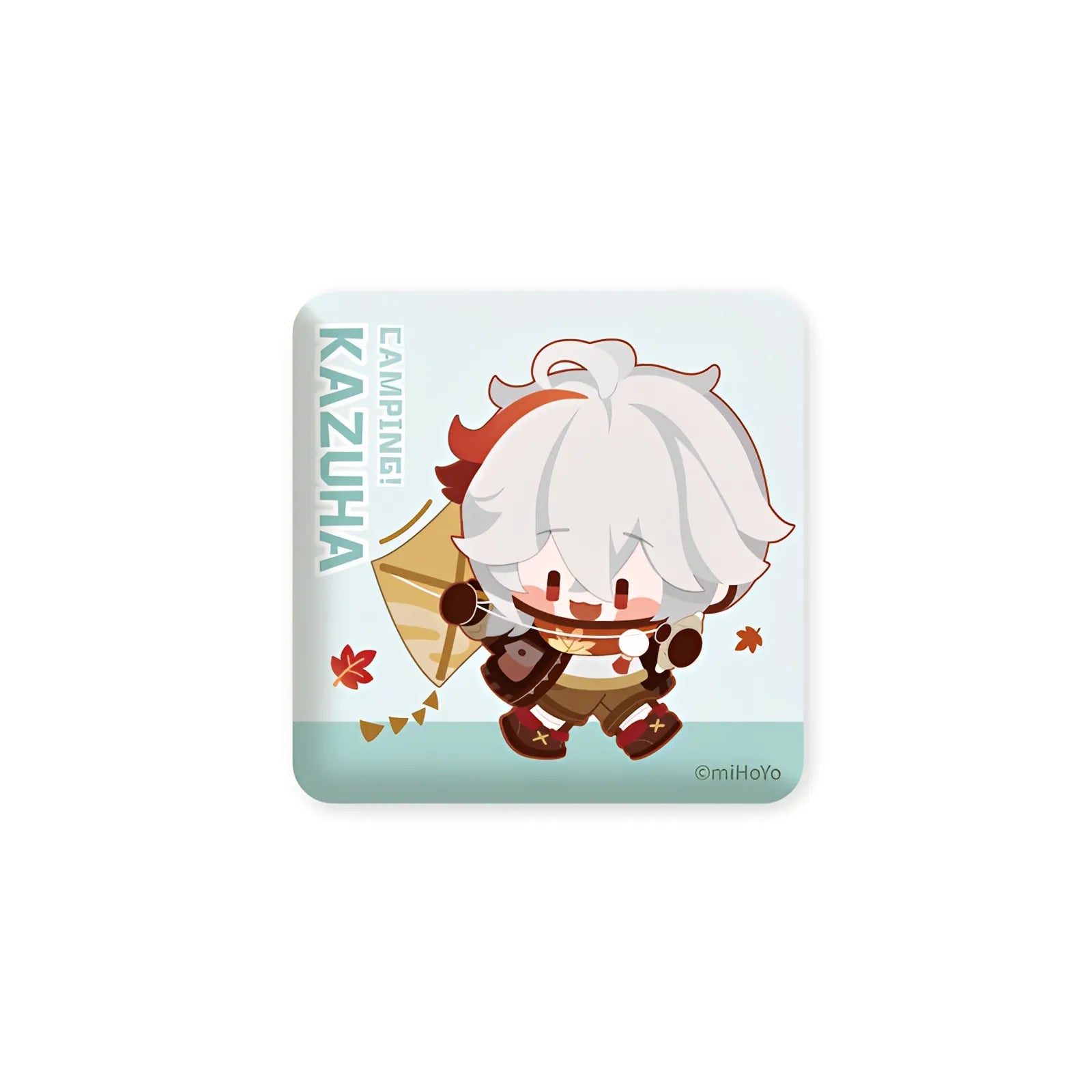 Genshin Impact Kaedehara Kazuha camping themed square badge chibi collectible