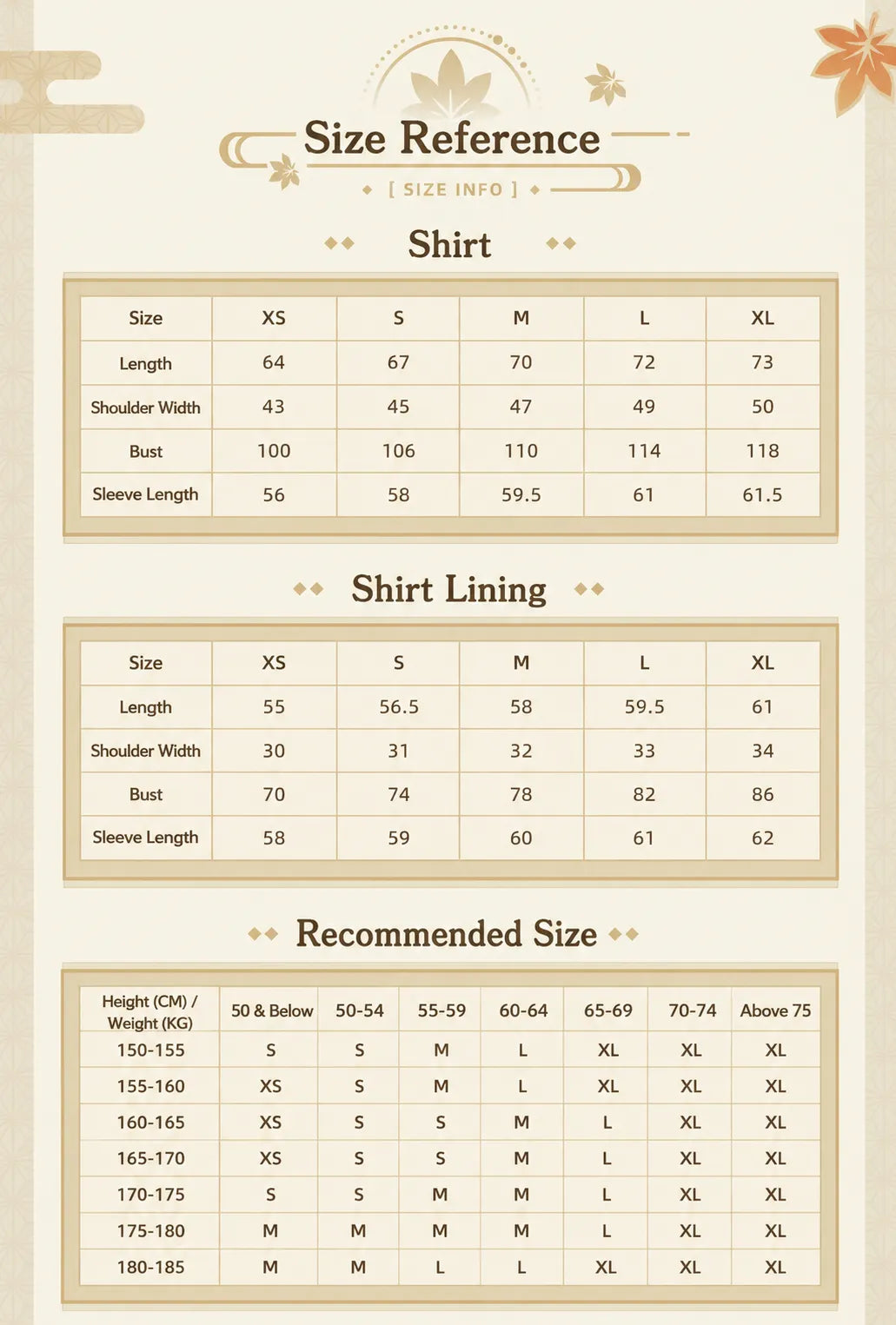 Genshin Kaedehara Kazuha themed impression long sleeve shirt size chart and fitting guide