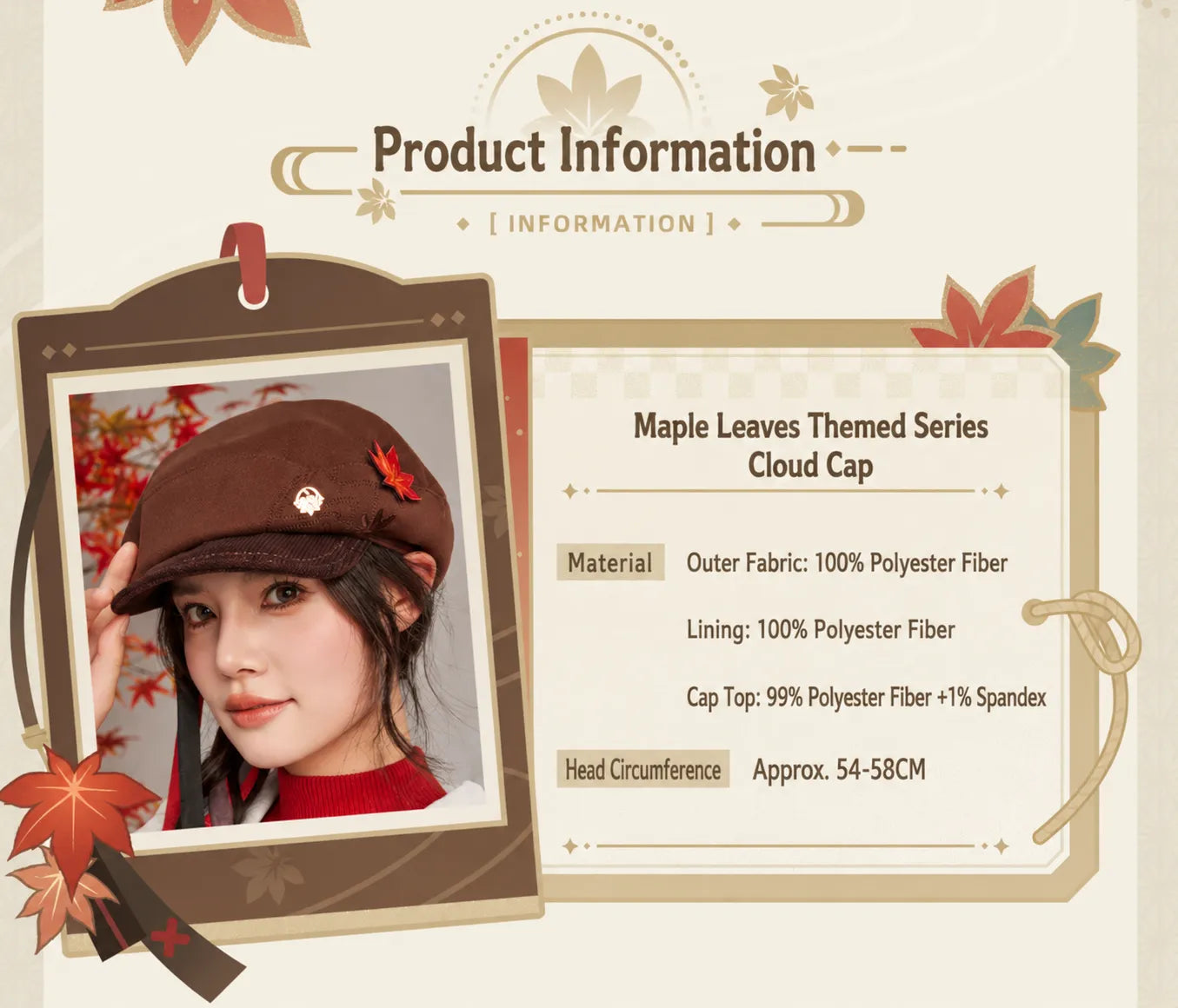 Model wearing Kaedehara Kazuha themed beret with autumn styling