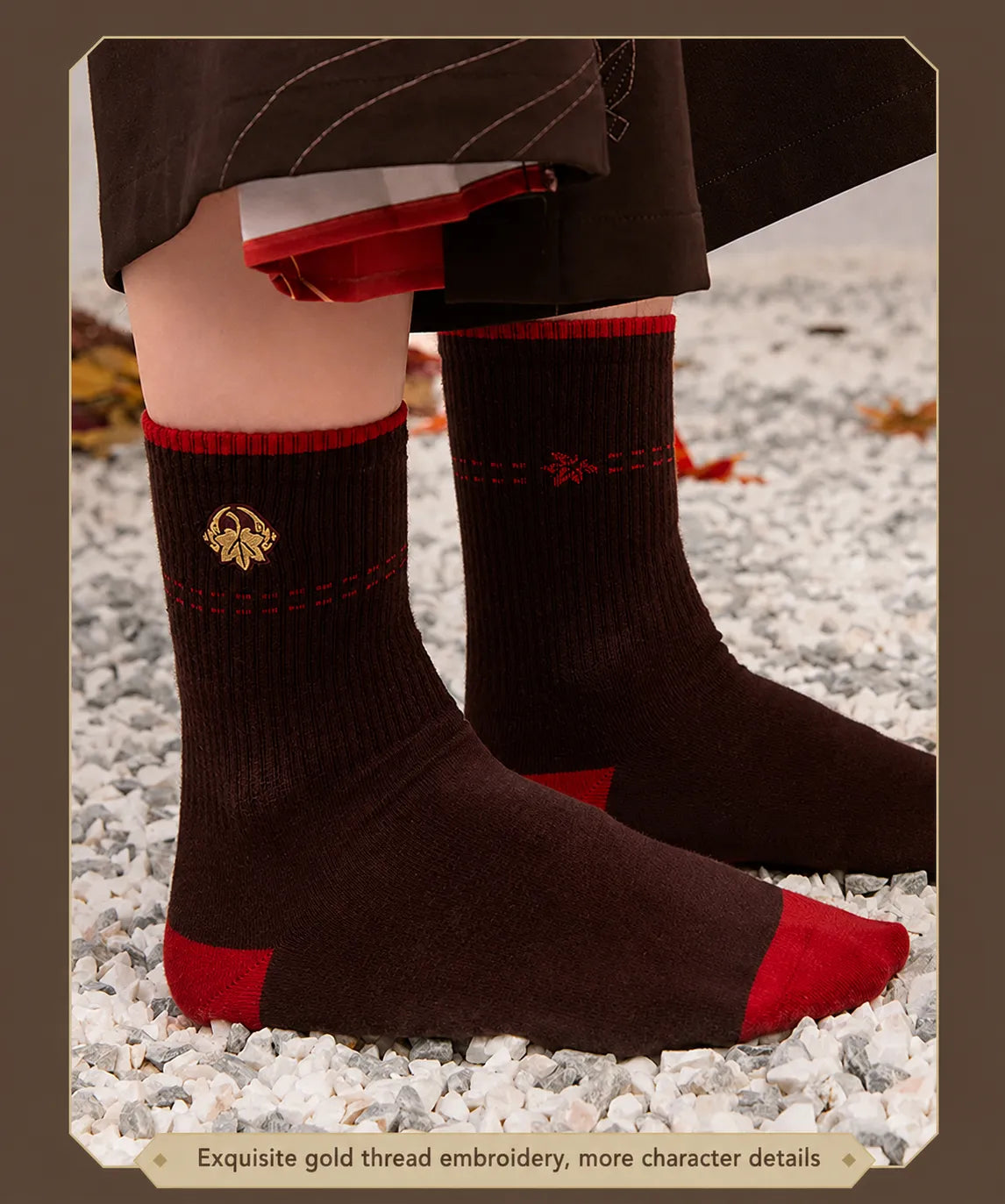 Detailed ribbed sock texture and maple embroidery from Kazuha themed socks