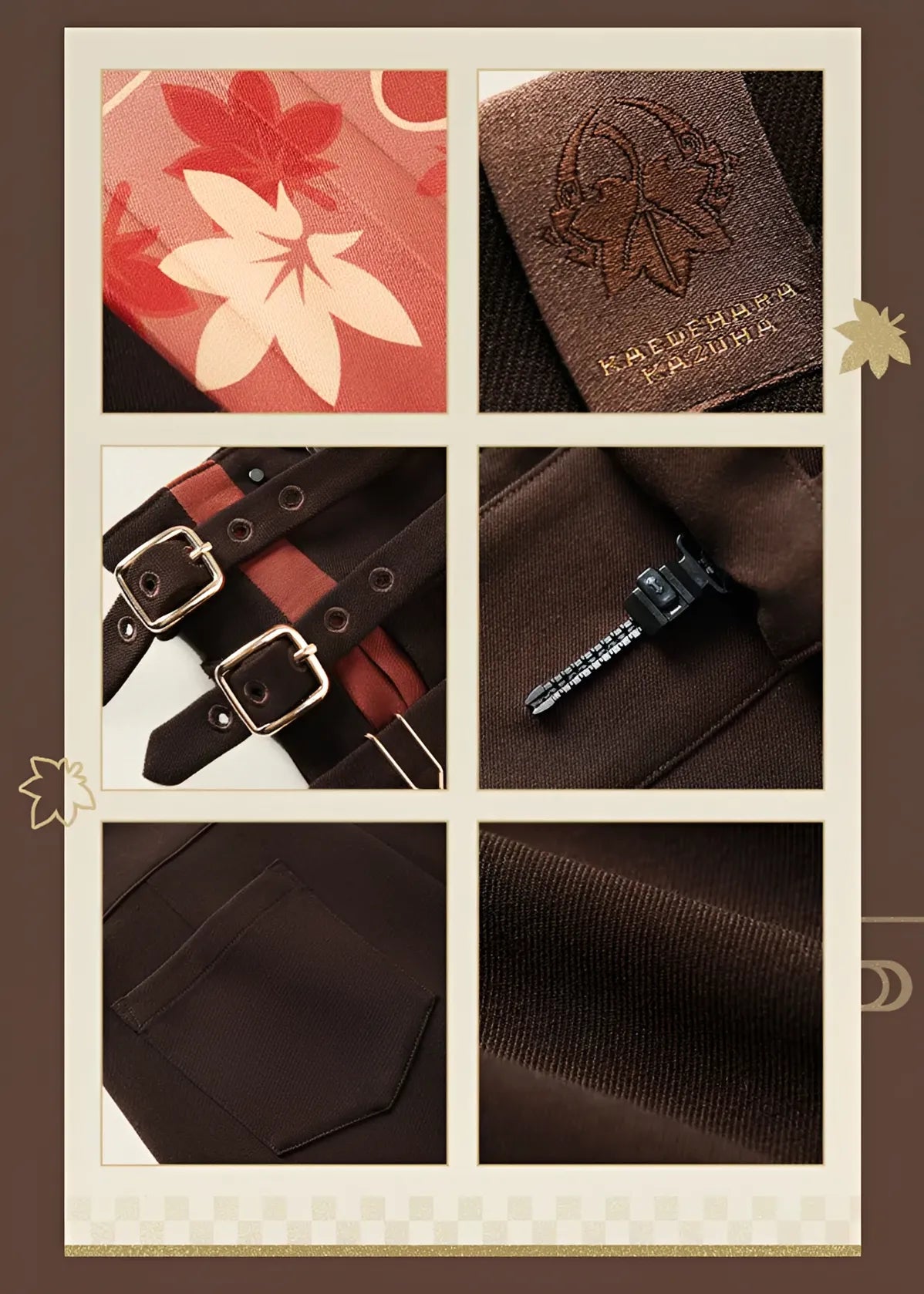 Kaedehara Kazuha themed pants adjustable suspenders and buckle detail close up