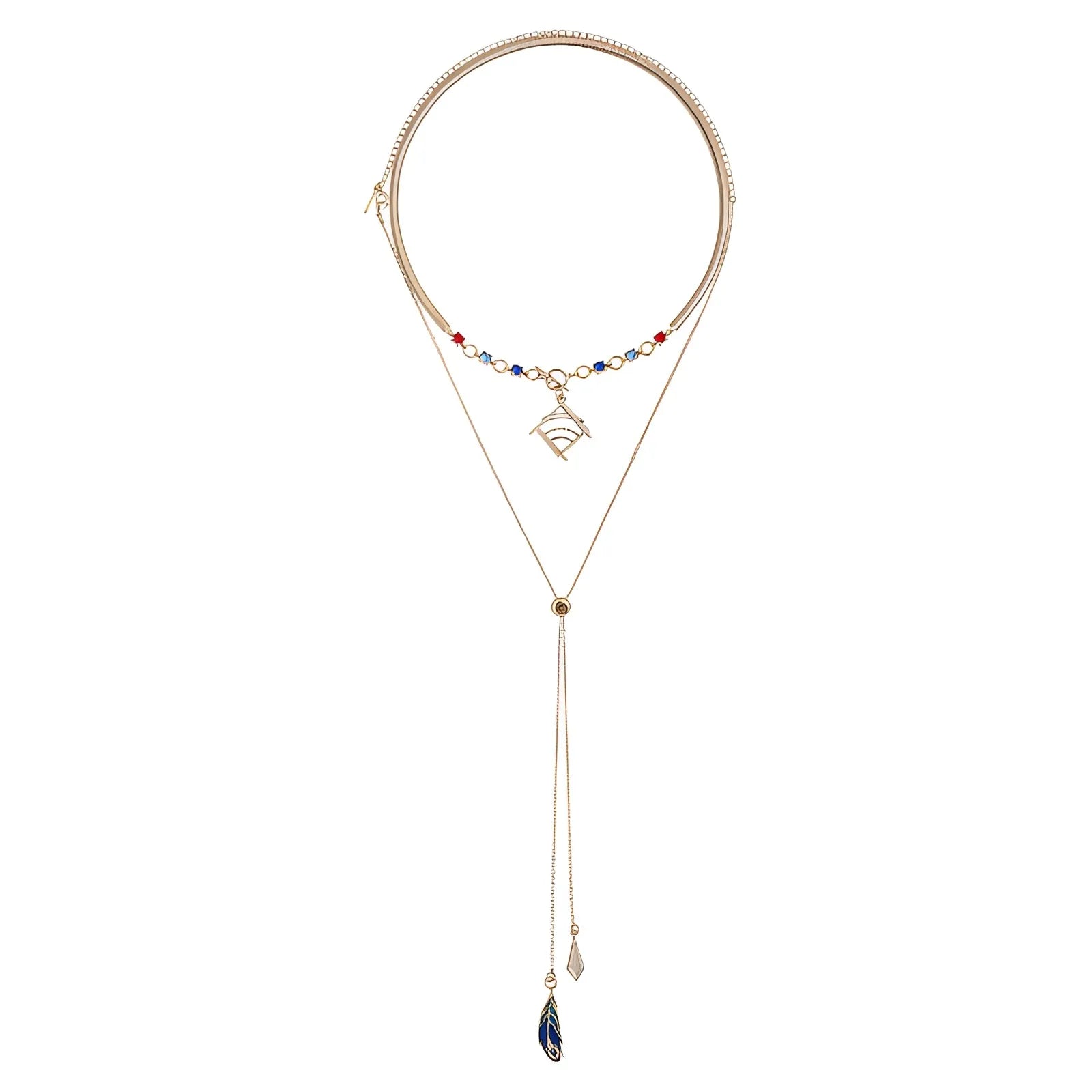 Kaveh necklace with layered chain and geometric pendant isolated on white background