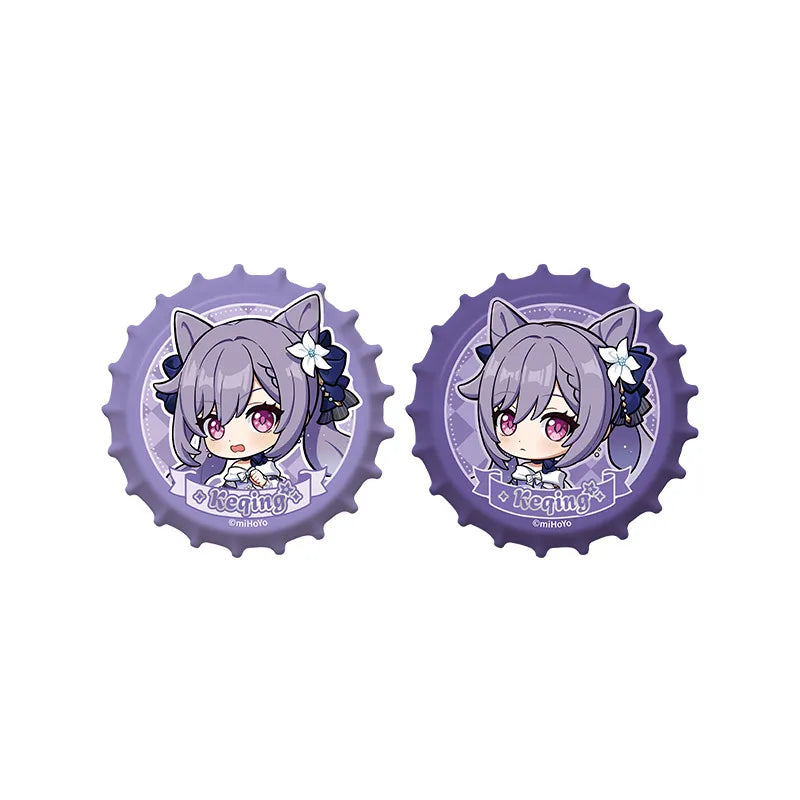 Keqing chibi magnetic bottle cap badge set from Genshin Impact featuring cute expressions and pastel purple collectible design