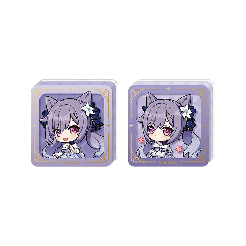 Keqing chibi acrylic stamp block from Genshin Impact featuring self standing collectible design and decorative gold details