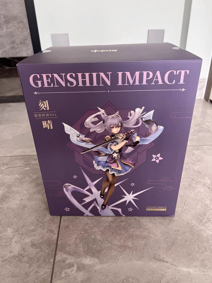 Keqing Genshin Impact figure photographed indoors on shelf by customer