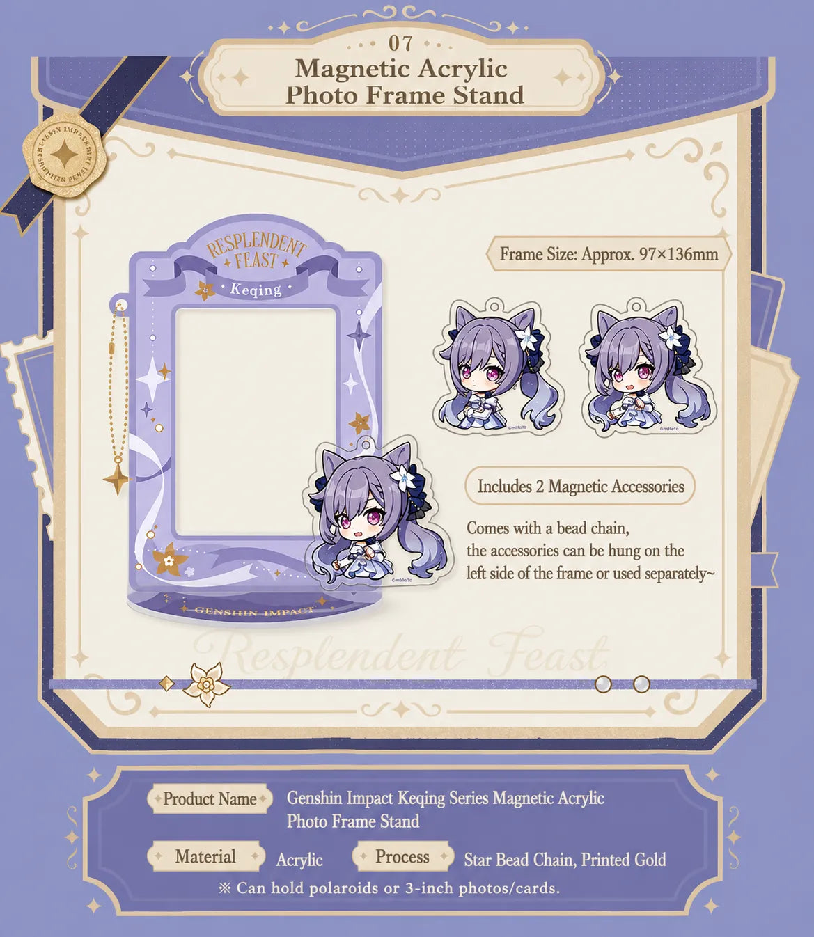 Keqing magnetic acrylic photo frame stand from Genshin with removable chibi accessories and decorative frame layout