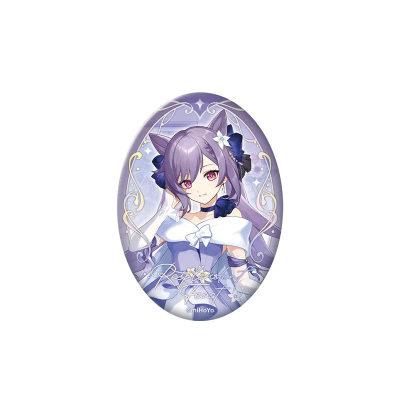 Keqing reflective badge from Genshin Resplendent Feast series with embossed silver details and elegant lavender themed artwork
