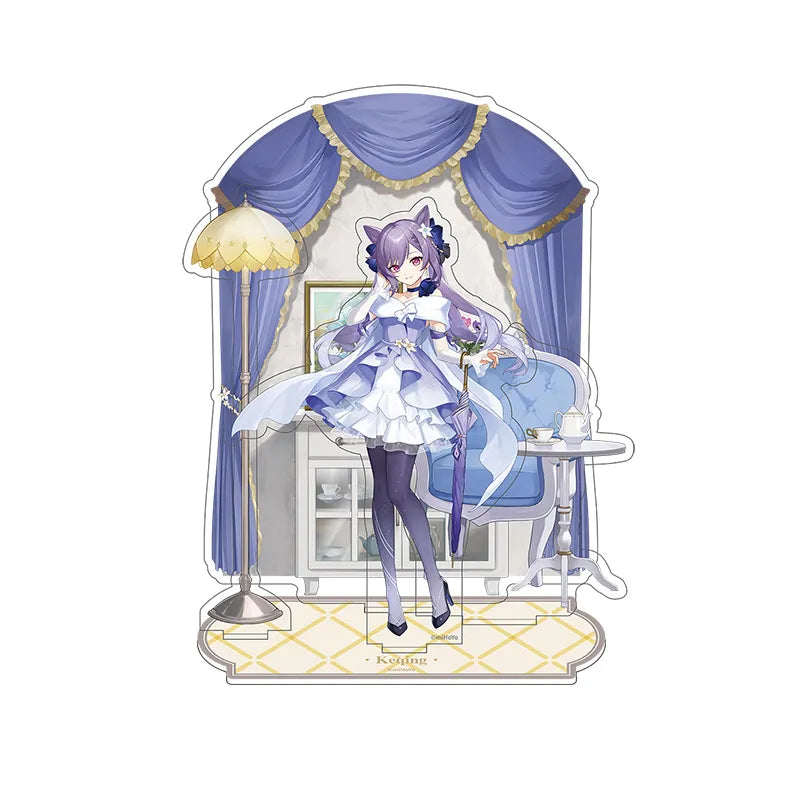 Keqing scene combination acrylic stand from Genshin Impact featuring elegant room themed display and decorative lavender accents