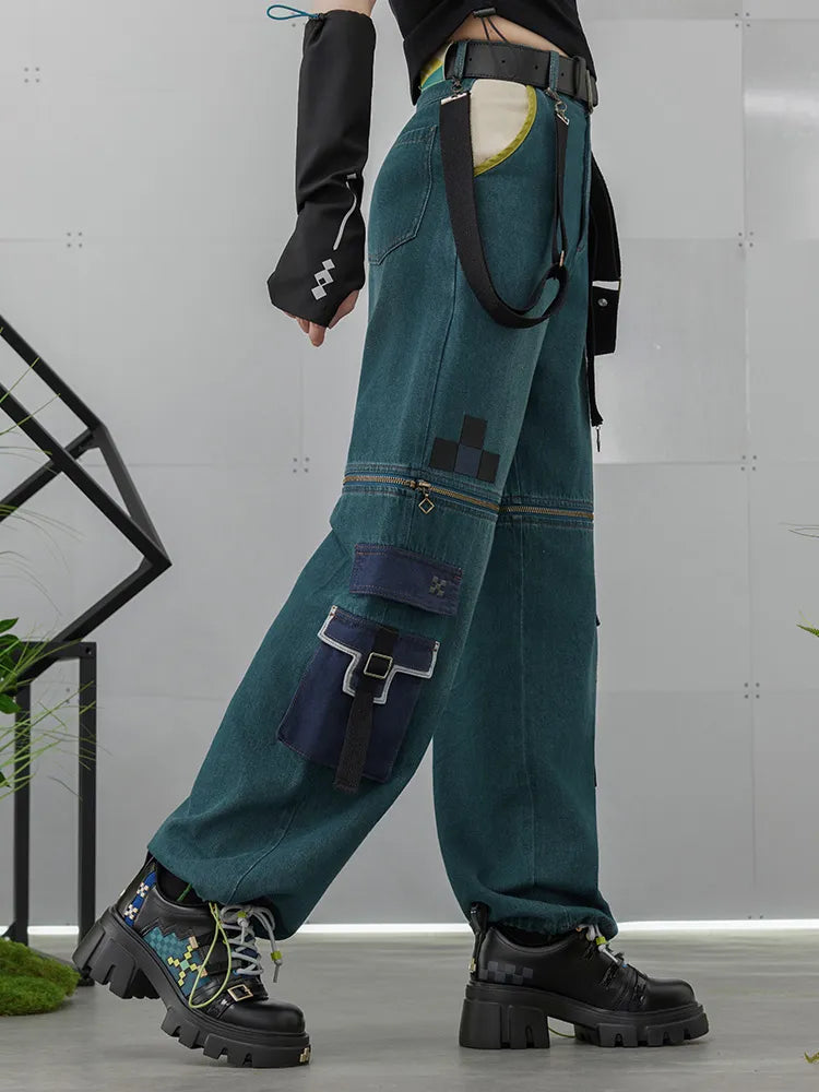 Kinich themed detachable cargo denim pants model showcase with character inspired styling