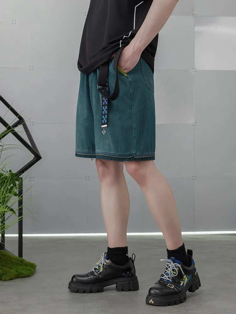 Kinich themed cargo denim pants featuring adjustable straps and utility details