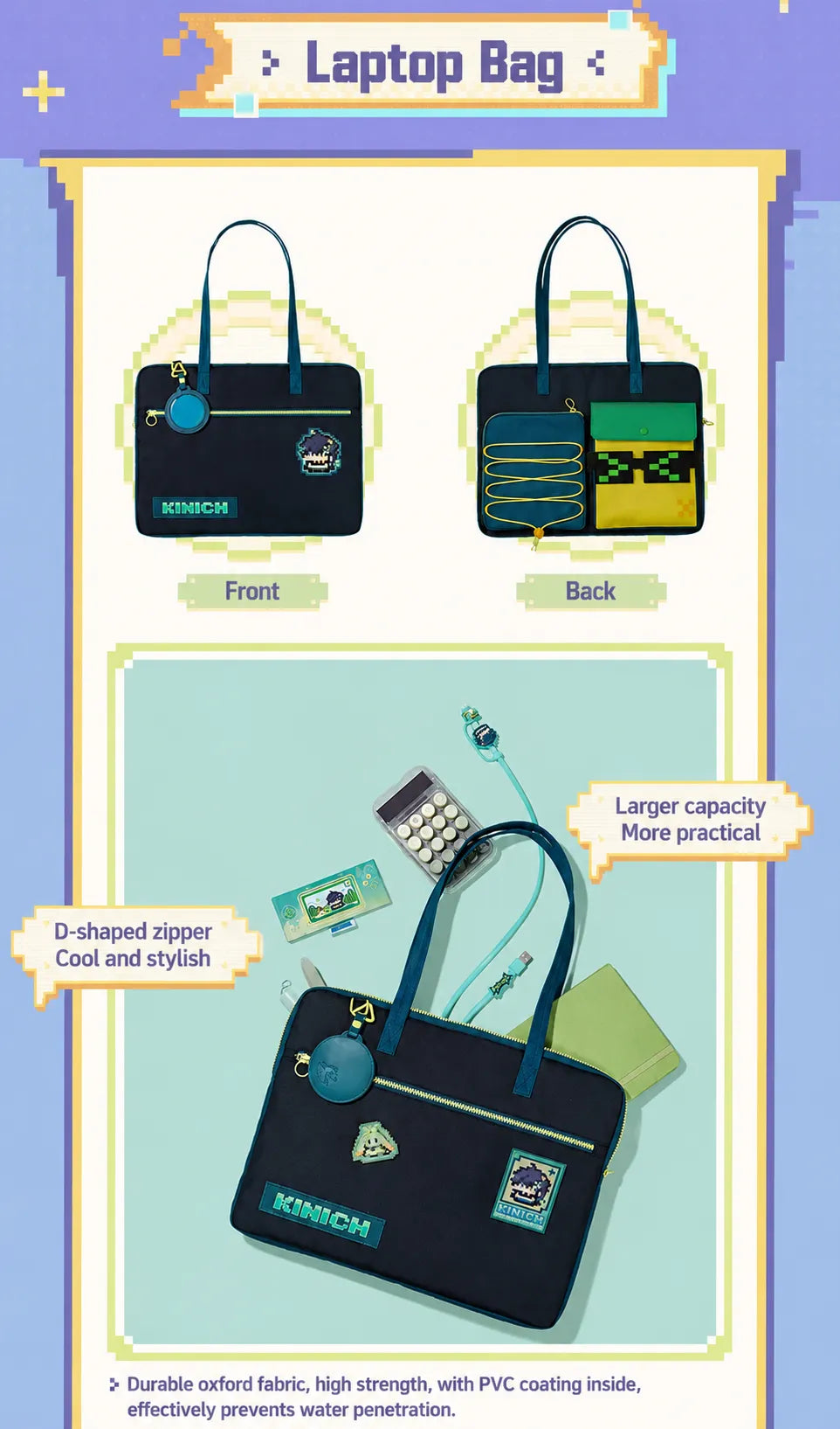 Genshin Impact Kinich laptop bag with storage compartments and retro gaming themed accessories