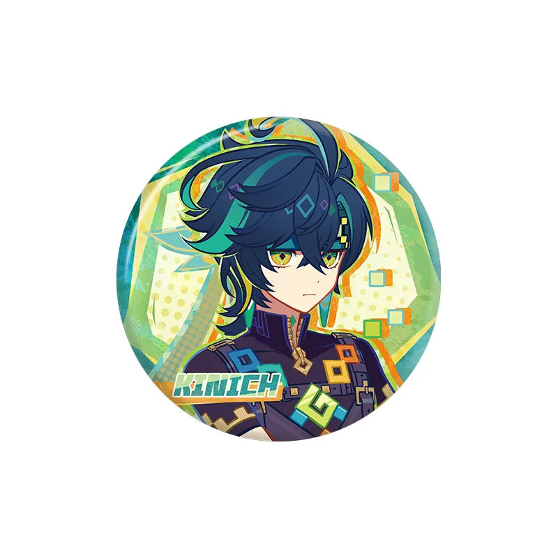 Kinich character badge from the Nation of Pyro Series featuring vibrant Natlan themed artwork and collectible tinplate design