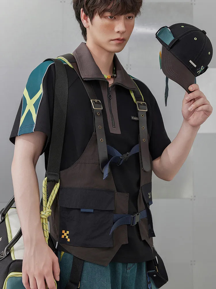 Close up view of Kinich themed utility vest highlighting buckles pockets and decorative details