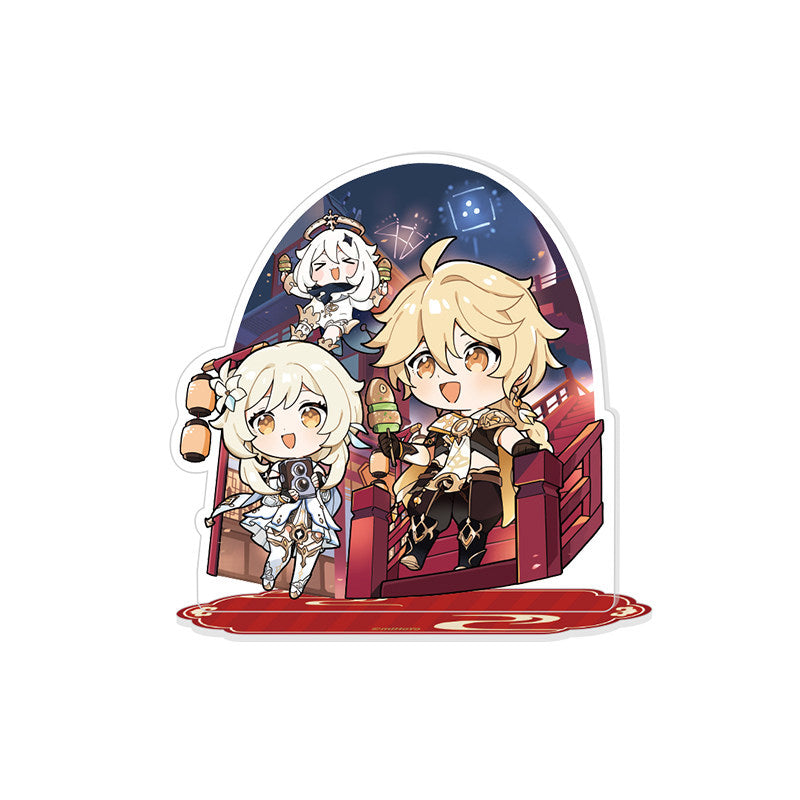 Genshin Impact Lantern Rite chibi acrylic standee New Year joy design featuring Aether Lumine and Paimon