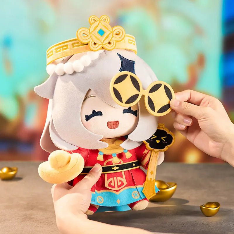 Little Fortune God Paimon Plush Toy with crown, glasses, and fortune-themed accessories