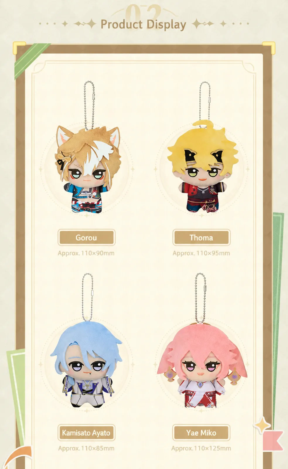 Close-up details of Genshin Impact Little Valley plush keychains with embroidered chibi character designs