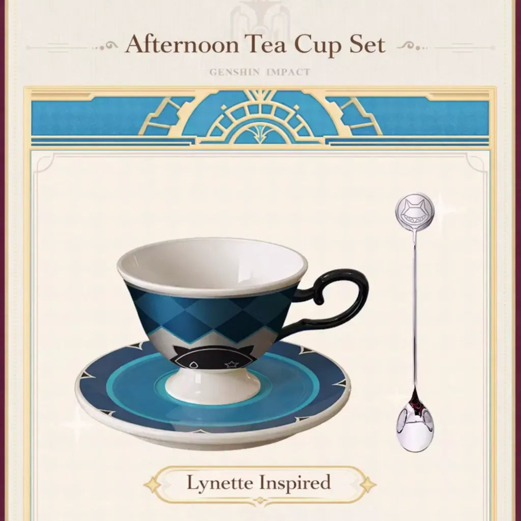 Genshin Impact Lynette tea cup set material detail porcelain cup saucer and stainless steel spoon close up