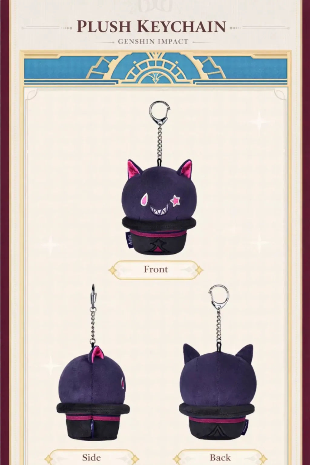 Genshin Impact Lyney cat hat plush keychain embroidery detail grinning face and ears