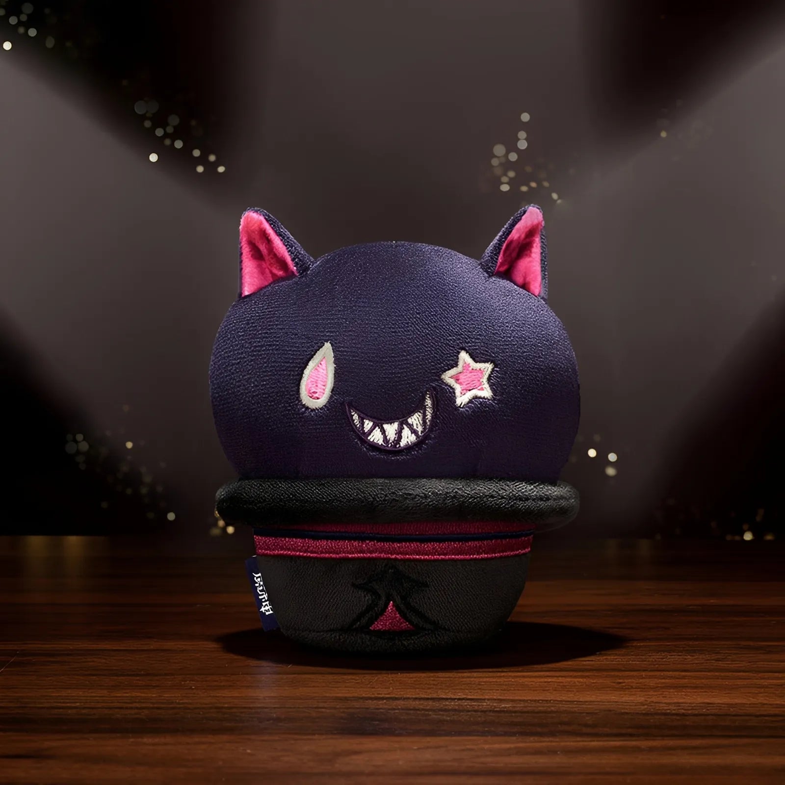 Genshin Impact Lyney cat hat plush keychain front view grinning design soft texture