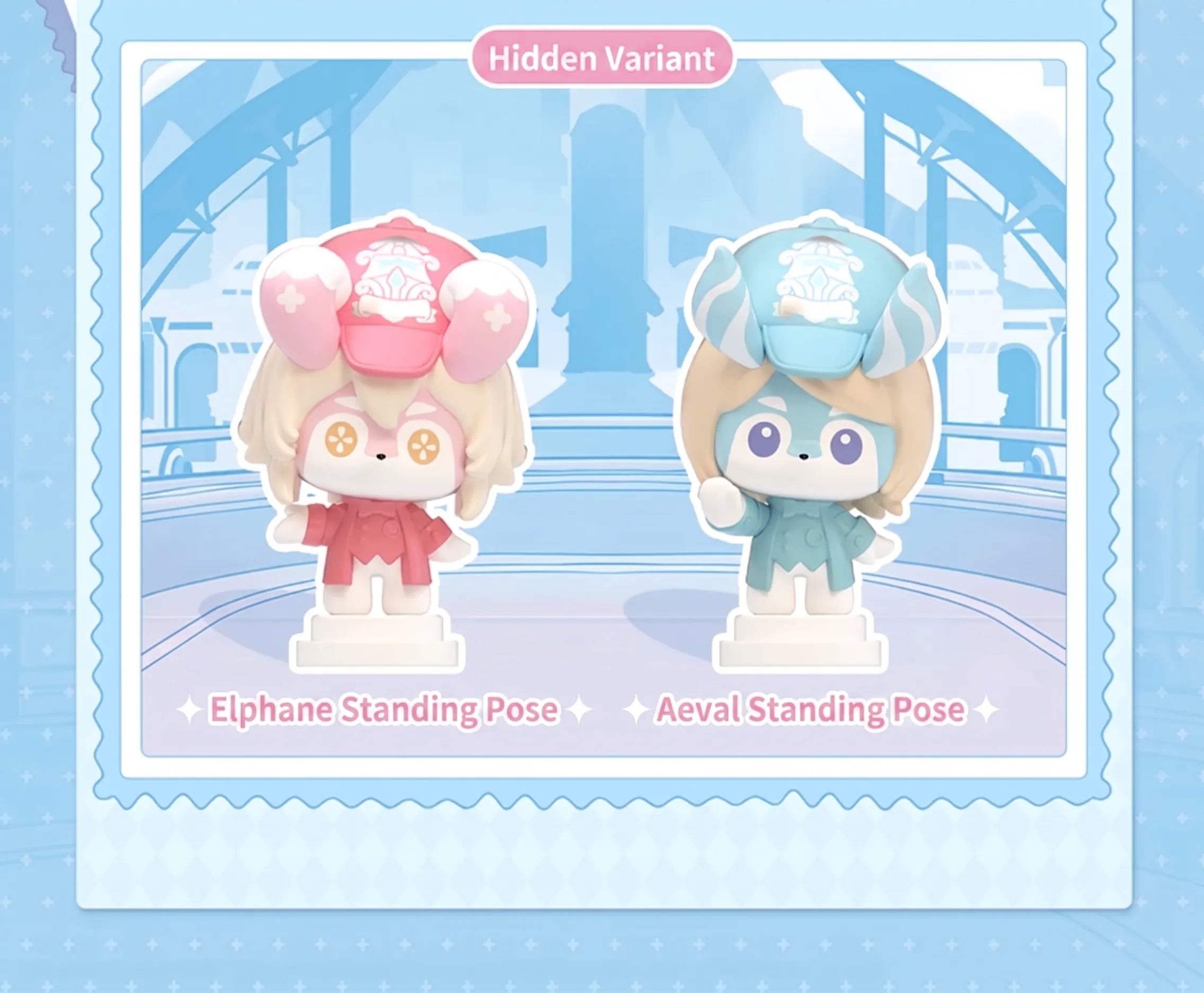Genshin Impact Melusine blind bag figures displayed in pastel themed showcase scene