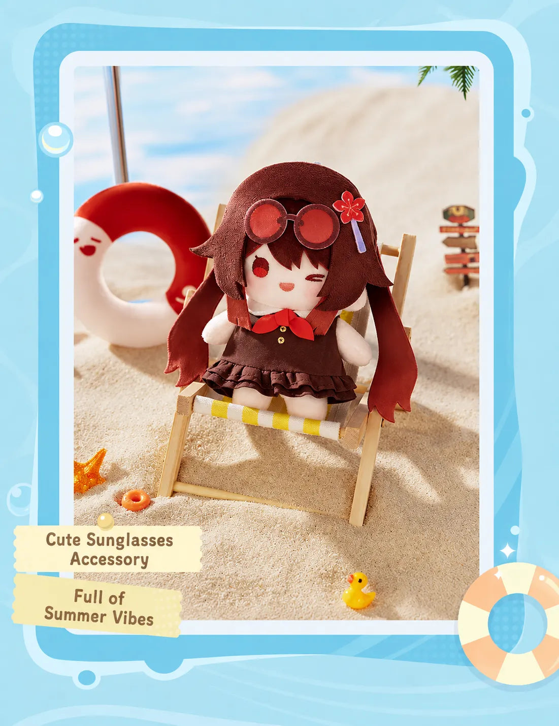 Yoimiya plush doll with character-themed surfboard