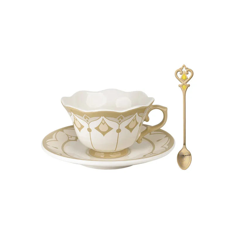 Mirrored Analysis Sandrone tea cup, saucer and spoon set on white background