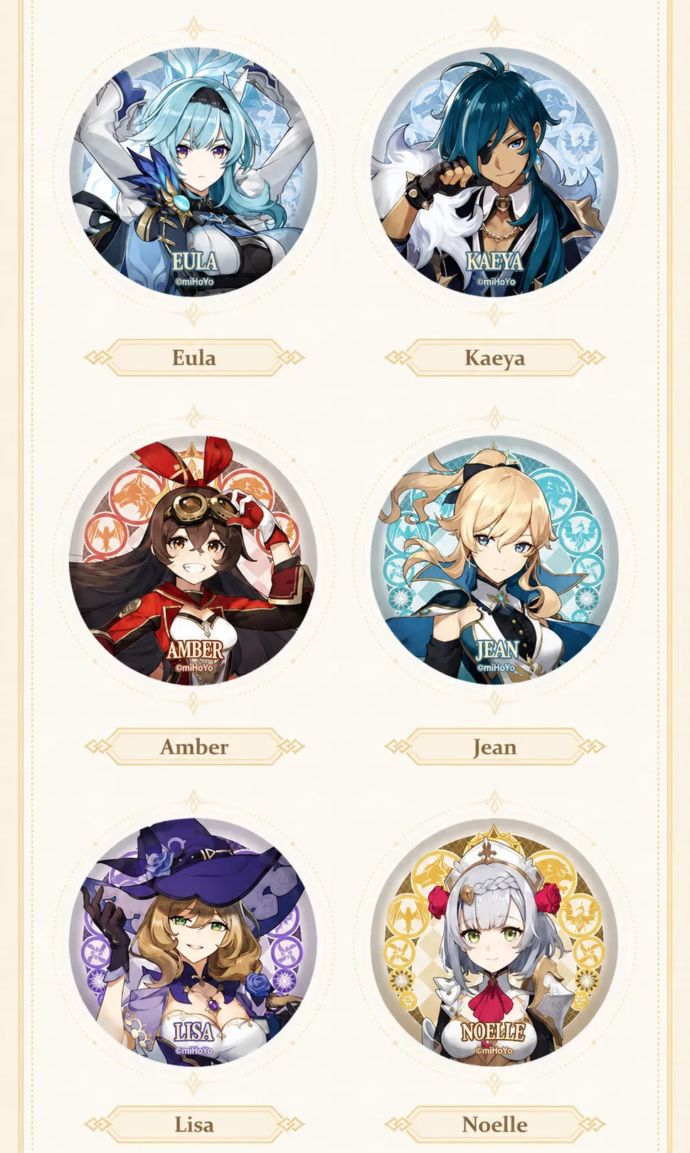 Genshin Impact Mondstadt Series character badges with upgraded decorative finish