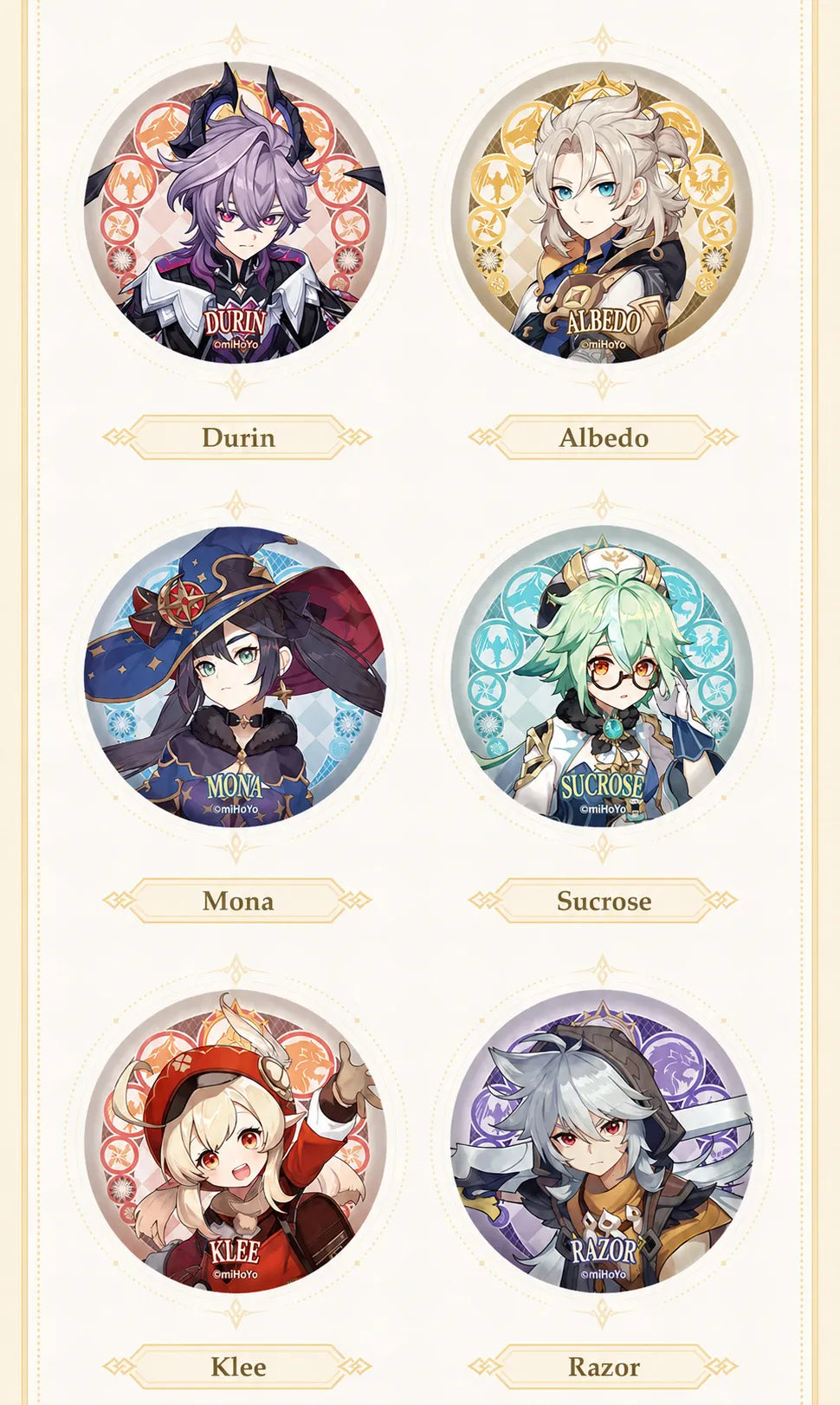 Genshin Impact Mondstadt Series collectible character badges with detailed character artwork