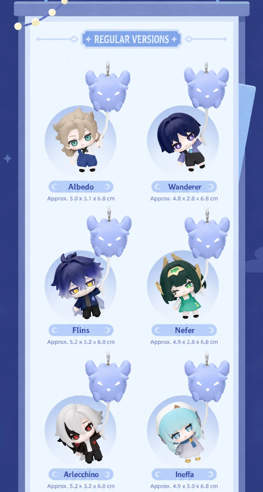 Moonlit Wanderings regular chibi charm styles with product dimensions